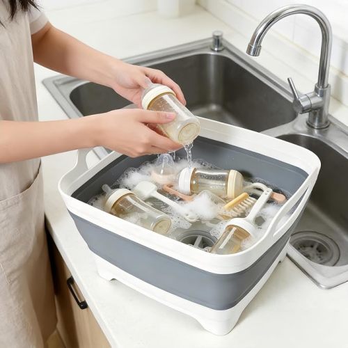 FOSJGO Collapsible Dish Basin with Drain Plug, 2.4 Gal (9L) - GREY