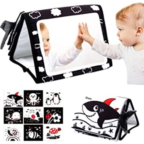 Susimond Tummy Time Floor Mirror, High Contrast Black and White Baby Mirror Toys with Crinkle Cloth Books, Non-Toxic Activity Development Floor Toys for 0 3 6 12 Month Infant Newborn Sensory Toys