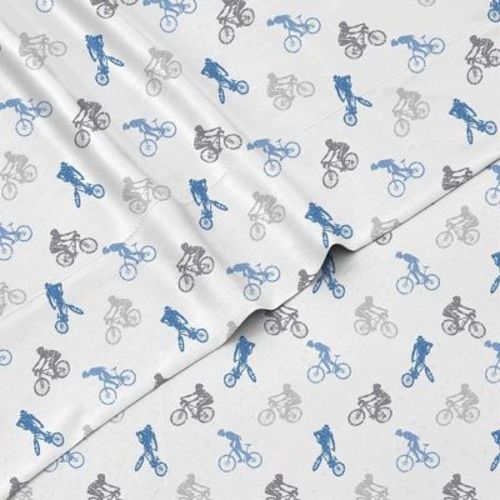 Tadpoles 4-Piece BMX Bikers Sheet Set | 1 Full Flat Sheet, 1 Full Fitted Sheet & 2 Queen Pillowcases | Grey