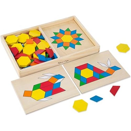 Melissa & Doug Pattern Blocks and Boards - Wooden Classic Toy With 120 Solid Wood Shapes and 5 Double-Sided Panels, Multi-colored - STEAM Animals, Tangrams Puzzle For Kids Ages 3+
