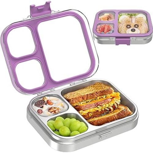 Kids Stainless Steel Bento Box with Silicone Lid Leak-proof Toddlers Lunch Container 3 Compartments Dishwasher Safe Purple