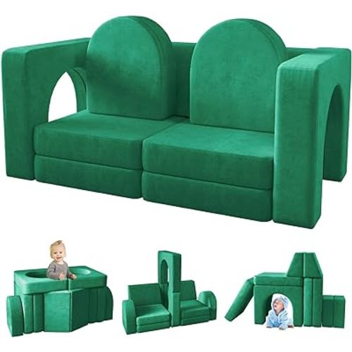 wanan Kids Couch 10PCS, Modular Kids Play Couch for Playroom Bedroom, 10 in 1 Multifunctional Kid Sofa for Playing, Creativing, Sleeping, Indoor Toddler Couches for Boys and Girls (Green)