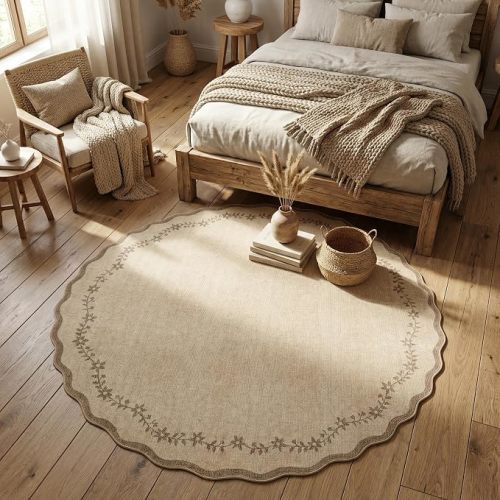 GarveeHome Round Area Rugs 5ft for Bedroom, Sage Green Washable Circle Rug Soft Non Slip Floral Print Floor Mat Carpet Indoor Thin Rug for Kids Room Dining Room Playroom Nursery