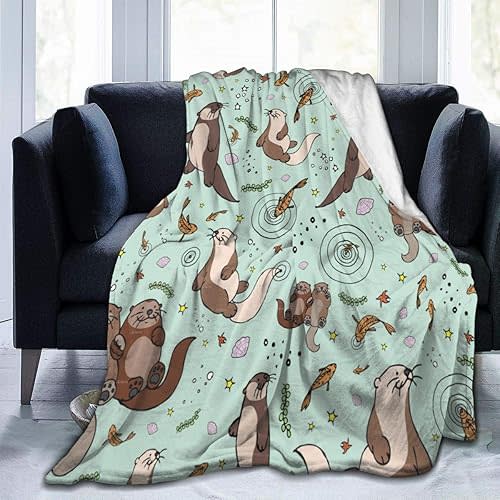 Otter Blanket Sea Otters Throw Blanket Green Small Flannel Lap Otter Gifts for Women Kids Cozy Noon Break No Shedding Fleece Sofa Throws for Office Couch Car - 40''x50''
