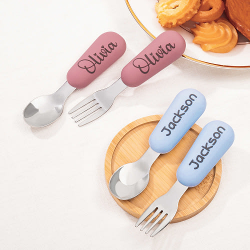 Personalized Food-Grade Silicone Toddler Utensils With Name Self Feeding Baby Cutlery Set Christening Gift for Toddler - CALLIE