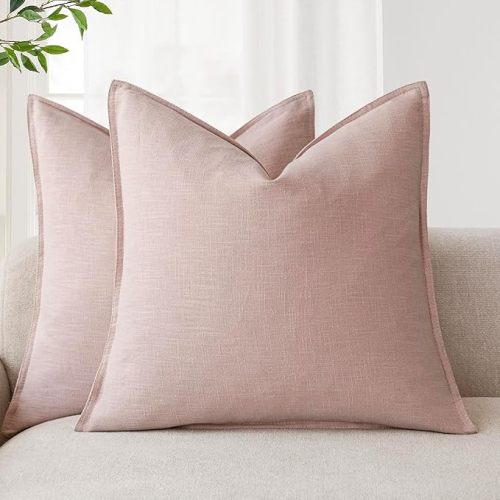 Foindtower Pack of 2, Decorative Linen Solid Throw Pillow Covers Soft Accent Cushion Case Boho Farmhouse Pillowcase for Bed Chair Couch Sofa Bedroom Living Room Home Decor 20 x 20 Inch Light Pink