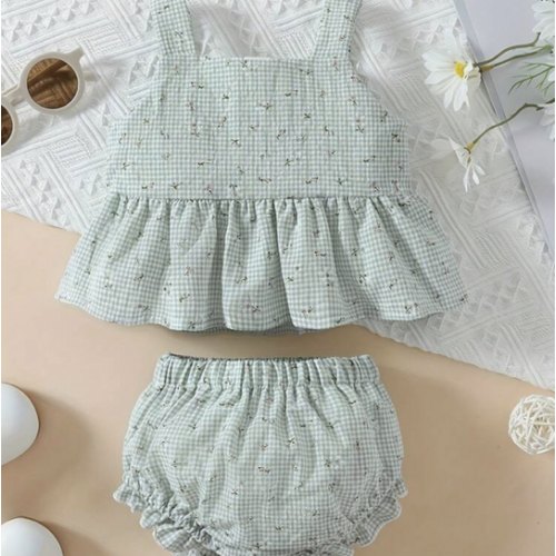 Baby's Bowknot Decor 2pcs Floral Pattern Summer Outfit, Peplum Top & Shorts Set, Toddler & Infant Girl's Clothes For Daily/Holiday, As Gift