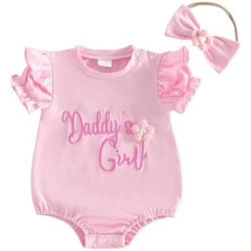 Newborn Baby Girl Clothes Summer Bubble Romper Daddys Girl Short Sleeve Bodysuit Cute Ruffle Floral Jumpsuit