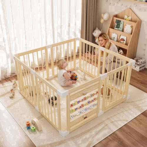 Babyeap Wooden Baby Playpen,Foldable Play Yards for Babies and Toddlers,Large Wood Play Gate with Built-in Toys,Baby Fence Activity Center 47x47x23.6 Inch