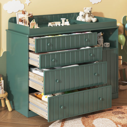 Ebern Designs 37.4” H Ergonomic Changing Table Dresser with 4 Drawers, Storage Cabinet and Open Shelf, Anti-Tip Safety Design & Curved Wrapped Nursery Dresser | Wayfair