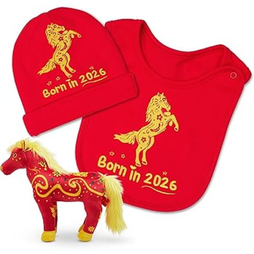 FoxE Year of the Horse Gift Set Born in 2026 - Bib, Beanie & Plush Toy Gift Set - with Chinese New Year Red Envelopes - Unisex, 100% Cotton, 0-24 Months - Lunar New Year Gifts