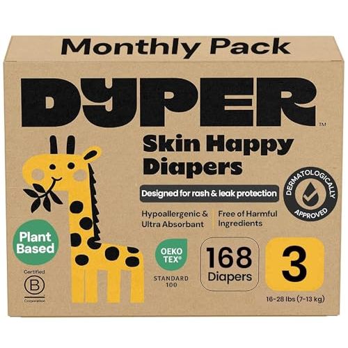 DYPER Monthly Pack Baby Diapers Size 3 (16-28lbs) 168 Count Soft Disposable | Premium Leak Protection & Skin-Friendly Comfort with Soft Size 3 Diapers, Designed for Sensitive Skin (Packaging May Vary)