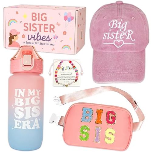Big Sister Gifts for Girls – 4PCS Big Sister Gift Set with Cap, Fanny Pack, Water Bottle & Bracelet – Birthday Present or New Baby Sibling Gift