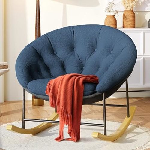 Kidirect Wide Rocking Chair Nursery, Comfy Saucer Nursery Rocking Chairs with Removable Cushion, Indoor Papasan Nursing Chair for Breastfeeding, Mecedora para Adultos for Living Room & Bedroom (Blue)