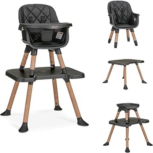 Dream On Me Luna 4-in-1 Convertible Baby High Chair in Black, Transforms into Booster, Toddler Seat & Table Set, Adjustable and Removable Tray Portable High Chair