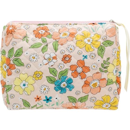 PAZIMIIK Quilted Makeup Bag Large Travel Zipper Soft Cosmetic Pouch for Women Girls Make Up,Floral Orange