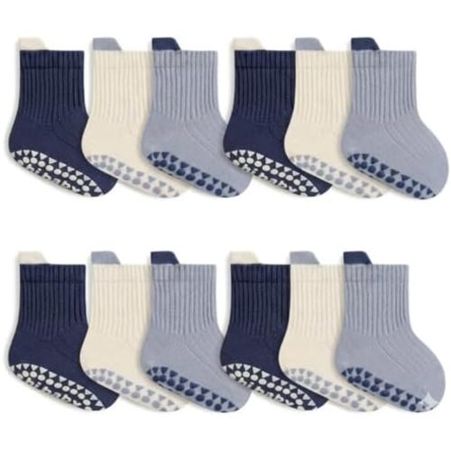 Utaly Cotton Grips Socks For Toddler boys gilrs 6 Pairs Soft Non Slip Crew Socks For Crawling Walking with Grippers
