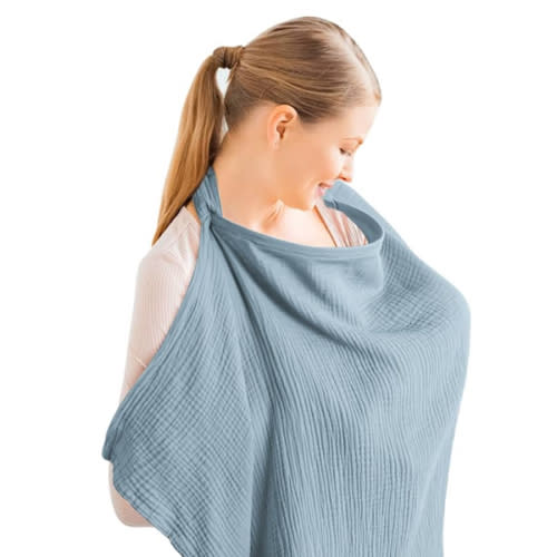 Konssy Muslin Nursing Cover for Baby Breastfeeding, Breathable 100% Cotton Breastfeeding Cover with Rigid Hoop for Mother Nursing Apron, Multi-use Carseat Canopy (Blue)