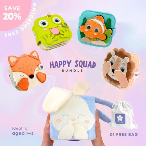 HAPPY SQUAD BUNDLE - Set of 01 Cube & 4 Mini Quiet Books (HAPPY BUNNY, OCEAN FRIENDS, BROWN LION, MELLOW FOX, & SILLY FROG) Educational Toys for Toddlers