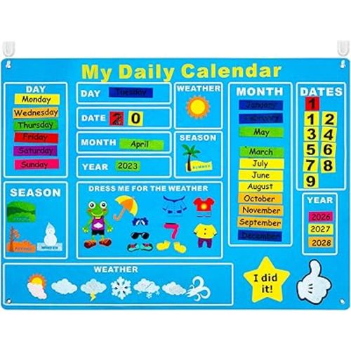 WATINC My First Daily Calendar Felt-Board for Kids 3.5Ft 70Pcs All About Today Funky Frog Weather Season Chart Days of The Week Circle Time Bulletin Board Preschool Early Learning Play Kit for Wall