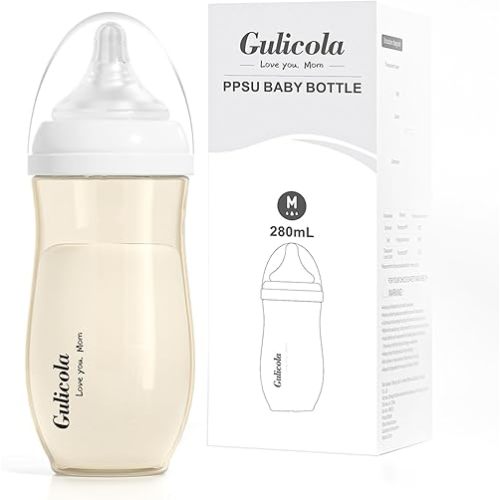 Gulicola 5 Months+ Breastfeeding Baby Bottle with Medium Flow Nipples, Anti Colic, BPA Free PPSU, 9 oz - Clear