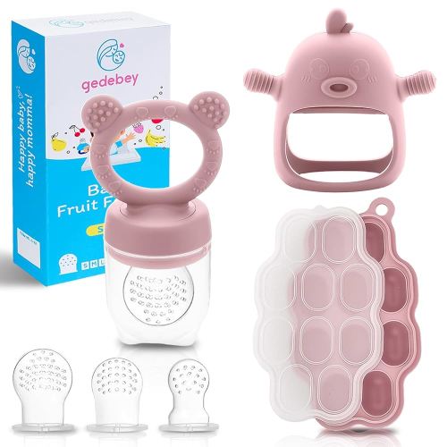 Baby Food Fruit Feeder and Breastmilk Popsicle Mold Set, 3 Pack - 1 Food Feeder Pacifier for Teething Relief, 1 Freezer Tray, 1 Baby Teether Toy, Silicone Fruit Teether (Blush)