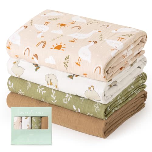 david's kids Baby Muslin Swaddle Blankets, 4 Pack 100% Cotton Swaddle Blankets for Newborns, Soft Breathable 47 x 47 in Large Receiving Blankets for Boys and Girls, Farm & Duck
