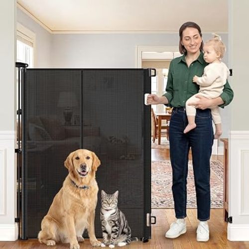 Reinforced 52" Extra Tall Baby Gate for Doorway, Jump-Resistant & Prevent Crawling Underneath Retractable Dog Gates Indoor, 0-55" W Retractable Baby Gate for Doorway, Safety Extra Tall Cat Gate, Black