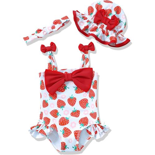 Renotemy Baby Girl Swimsuit Infant Bathing Suit Swimwear Sleeveless Bikini Tankini Toddler Girl One-Piece Swimsuit with Hat