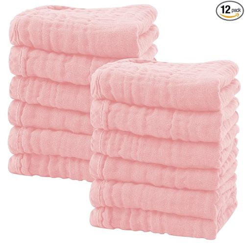 SWEET DOLPHIN 12 Pack Baby Muslin Washcloths - Soft Face Cloths for Newborn, Absorbent Bath Wash Cloths, Wipes, Burp Rag - Toddlers Essentials Stuff, Baby Registry as Shower -10"x10", Pink
