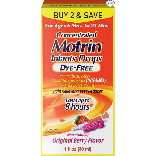 Infants’ Motrin Dye-Free Liquid Ibuprofen, Berry Flavor, Fever Reducer and Pain Reliever for Kids and Infants 6-23 Months, Alcohol-Free Oral Pain Relief, Syringe Included, 1 fl oz Twin Pack