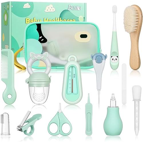 Baby Healthcare and Grooming Kit - Nursery Essentials Baby Registry Shower Gift for Newborns Infants Toddlers Boys Girls 13pcs - Green