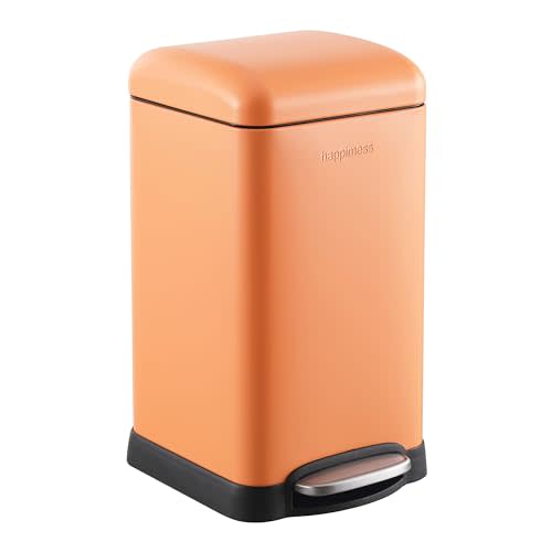 happimess Betty Retro Mini 3.2 Gal Step Trash Can, Carrot Cake | Soft-Close Lid, Removable Liner, Iron, Hands-Free Pedal, Satin Finish, Non-Skid Base, Built-In Damper, Modern, Minimalistic