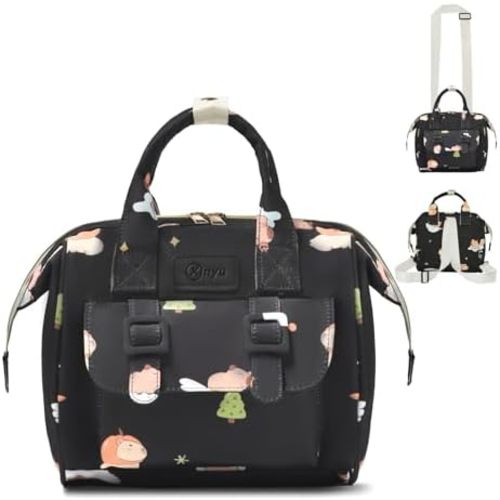 Small Diaper Bag Crossbody with Multi-Pocket, 4 in 1 Mini Travel Mommy Tote w/Shoulder for Stroller, Small Toddler Daiper Backpack with Insulated Pockets, Compact Baby Bag for Mom (Black Animal)