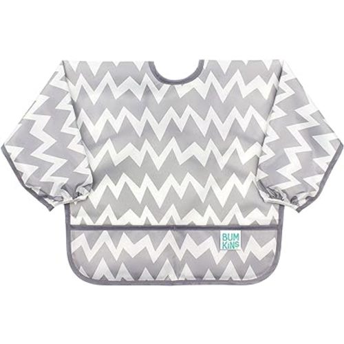 Bumkins Sleeved Bib for Girl or Boy, Baby and Toddler for 6-24 Mos, Essential Must Have for Eating, Feeding, Baby Led Weaning Supplies, Long Sleeve Mess Saving Food Catcher, Soft Fabric, Gray Chevron