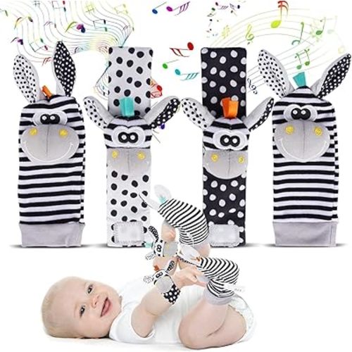 Baby Rattle Socks Wrist Strap Rattles Set, Cute Baby Animal Development Toy Gift for Newborn Babies, Black and White Foot Finder Sensory Set