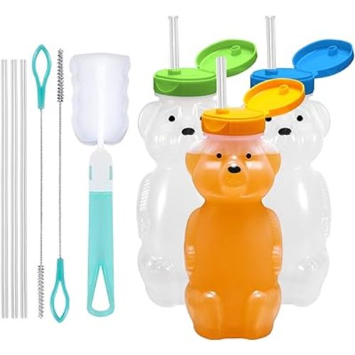 3 Pcs Honey Bear Straw Cup, Squeezable Leak Proof Cap Assisted Beverage Straw Bottle, Equipped with 6 Flexible Straws and Cleaning Tools, for Home Use or Travel (Blue, Orange, Green)
