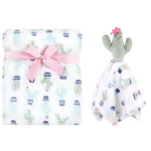 Hudson Baby Infant Girl Plush Blanket with Security Blanket, Cactus, One Size