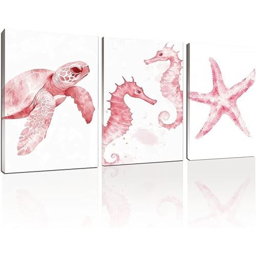 Wivsev Under The Sea Nursery Decor,Real Life Ocean Bathroom Wall Art Prints,Pink Watercolor Preppy Wall Decor for Bathroom,Bedroom,Livingroom (12" x 18" x 3 pcs)