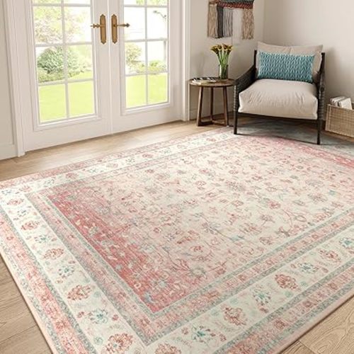 LIVEBOX Light Pink Bedroom Rugs 6x9, Nursery Rug for Baby Girl, Cute Boho Floral Area Rug for Living Room, Soft Washable Carpet for Nursery