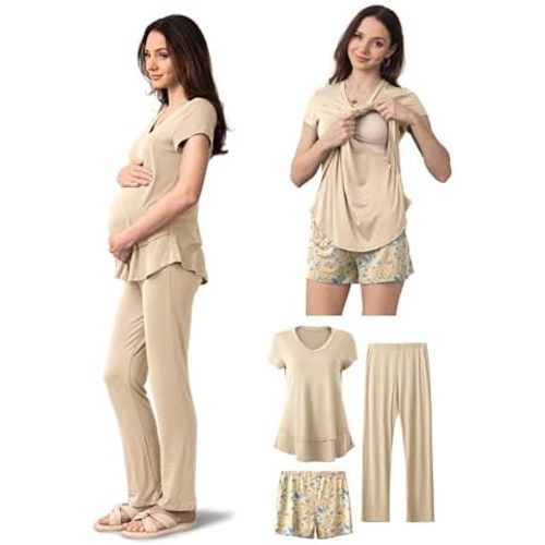 SUNNYBUY 3 PCS Maternity Breastfeeding Pajamas Set, Hidden Nursing Tops, Adjustable Pregnancy Shorts & Pants Postpartum PJS