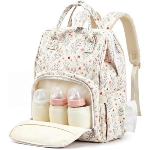 Light White Corduroy Floral Diaper Bag Backpack for Mom Large Capacity Multifunction Travel Backpack for Women, Cute Diaper Bag