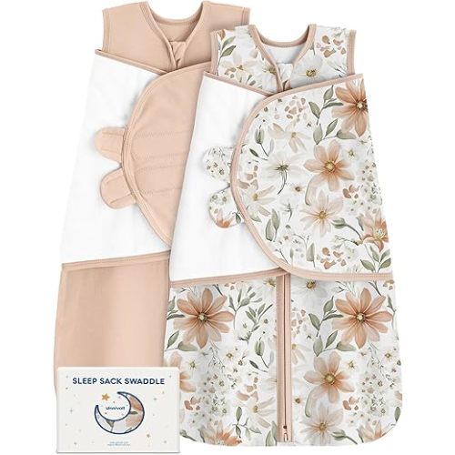 Baby Sleep Sack Swaddle 0-3 Months Swaddles for Newborns 100% Cotton Newborn Swaddle Sack 2 Pack for Baby Boy Girl White Brown Flower