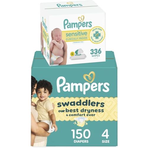 Pampers Swaddlers Disposable Baby Diapers Size 4, 150 Count with Sensitive Water Based Baby Wipes 4X Pop-Top Packs (336 Count)