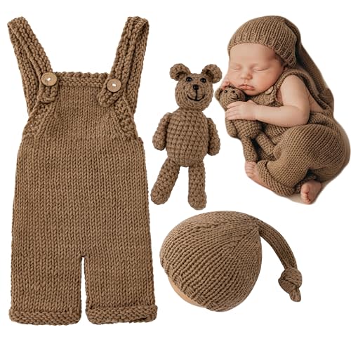 Vemonllas Newborn Photoshoot Outfits Crochet Bear Hat & Romper Set for Baby Boys Girls - Handmade Photo Props Outfits