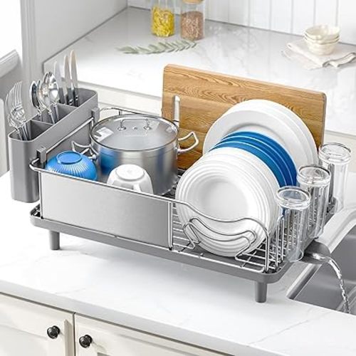 Stainless Steel Dish Drying Rack - Large Capcity 304 Grade Dish Drainer for Kitchen Counter with Drain Board, Utensil Holder & Detachable Cup Shelf, Rustproof Multifunctional Organizer