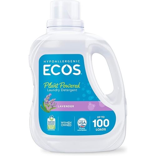 ECOS Laundry Detergent Liquid, 100 Loads - Dermatologist Tested Laundry Soap - Hypoallergenic, EPA Safer Choice Certified, Plant-Powered - Lavender, 100 Fl Oz