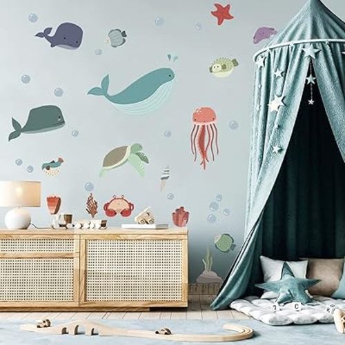 Sea Life Wall Decals Removable Vinyl Ocean Decor Stickers for Boys Girls Bedroom Bathroom Baby Room Nursery Classroom Decoration