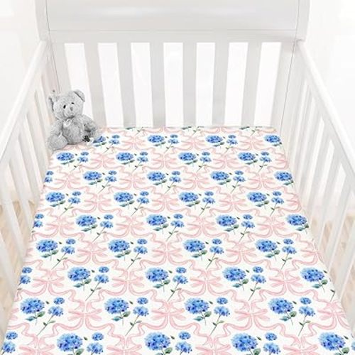 HawSkgFub Pink Bow Hydrangea Floral Fitted Standard Crib Sheet Baby Girl Shower Gift, Boho Blue Flowers Ribbon Toddler Mattress Cover, Soft Breathable Stretchy Kids Nursery Bed Sheets Decor 52" x 28"