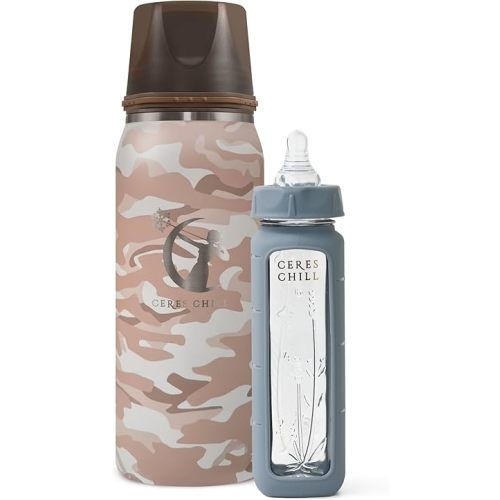 Ceres Chill Breastmilk Chiller/Warmer Bundle, 27oz of Storage, 20 Hour Chill, Comes with Glass Baby Bottle for The Ultimate Bottle Warming Duo (in Plain Sight Chiller & Gray Bottle)